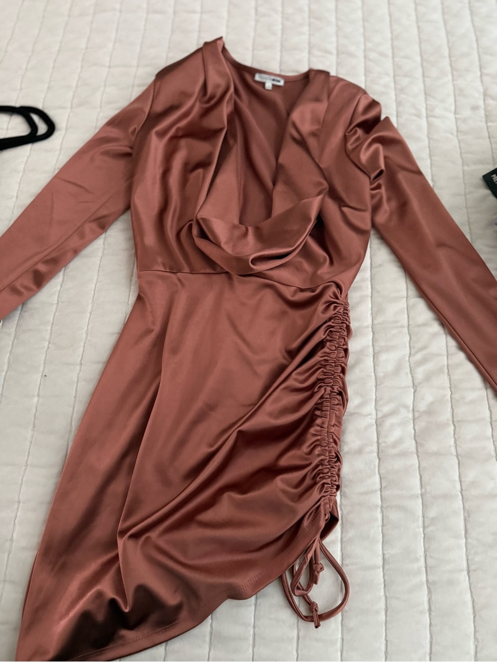 Fashion Nova Rust Satin Cowl Ruched Long Sleeve Dress